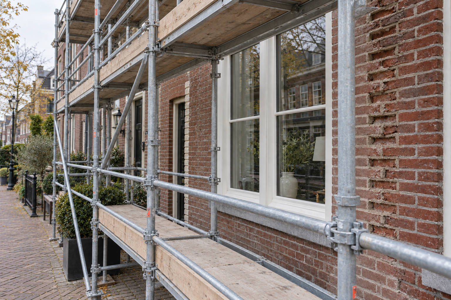 Sfeerbeeld van een Nederlandse bakstenen gevel met steiger tijdens renovatie