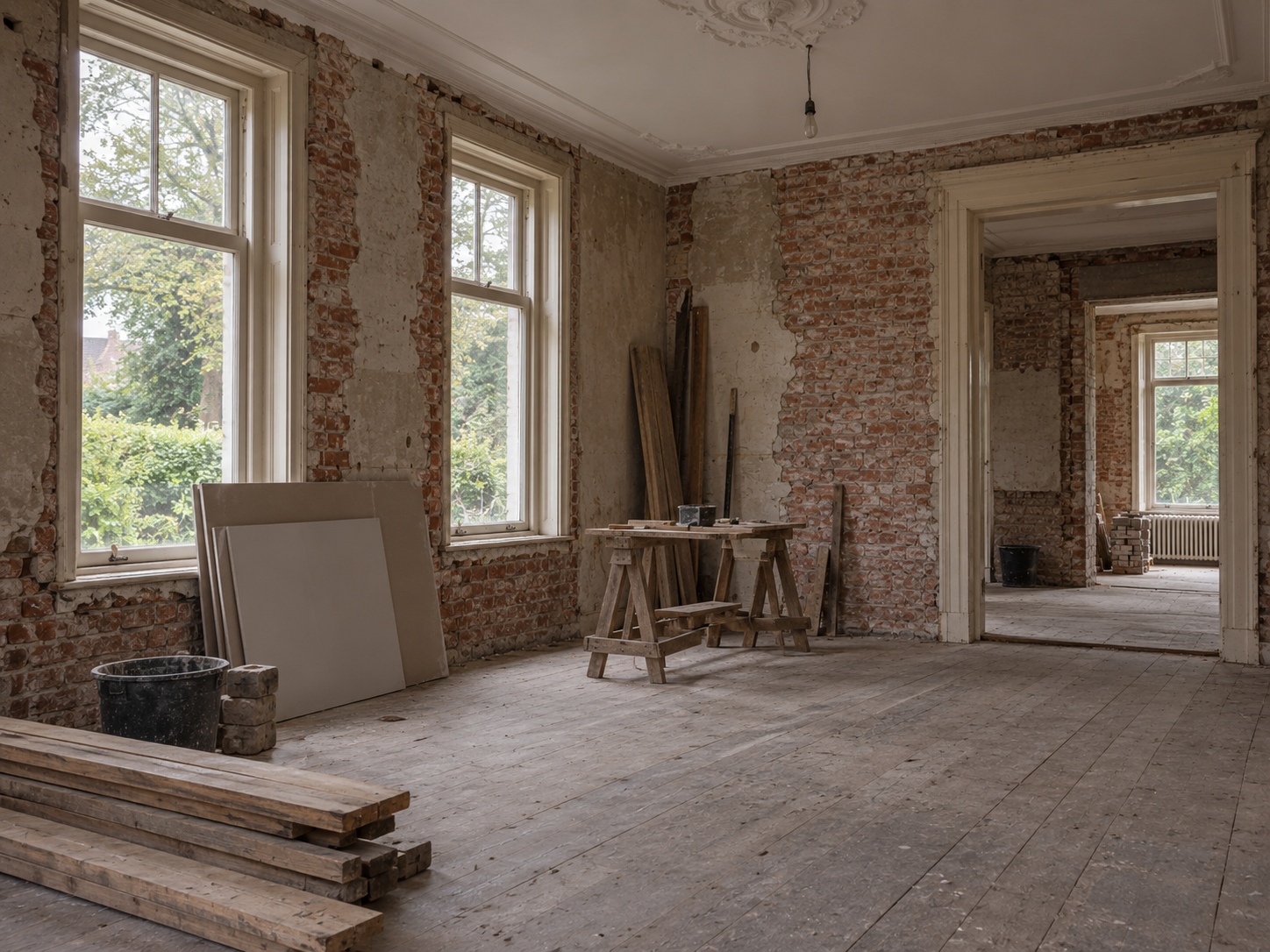 Sfeerbeeld van een villa-interieur in verbouwing met hoge ramen, blootgelegd metselwerk en houten vloer